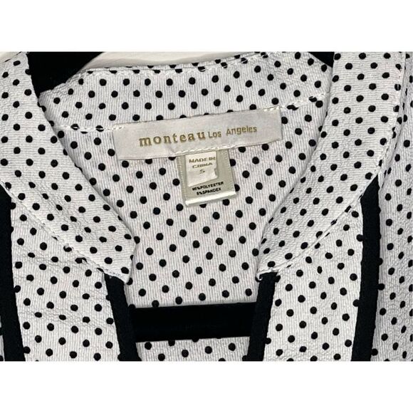 MONTEAU|V-NECK SHORT SLEEVE BLOUSE TOP DOTTED BLACK & WHITE S - Picture 2 of 8